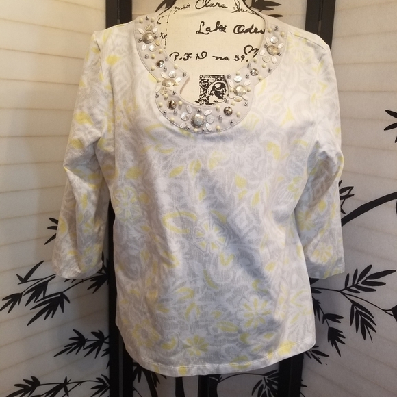 Ruby Rd. Tops - Ruby Rd Embellished Scalloped Neck Top XL 3/4 Sleeve Yellow Gray Floral Blouse